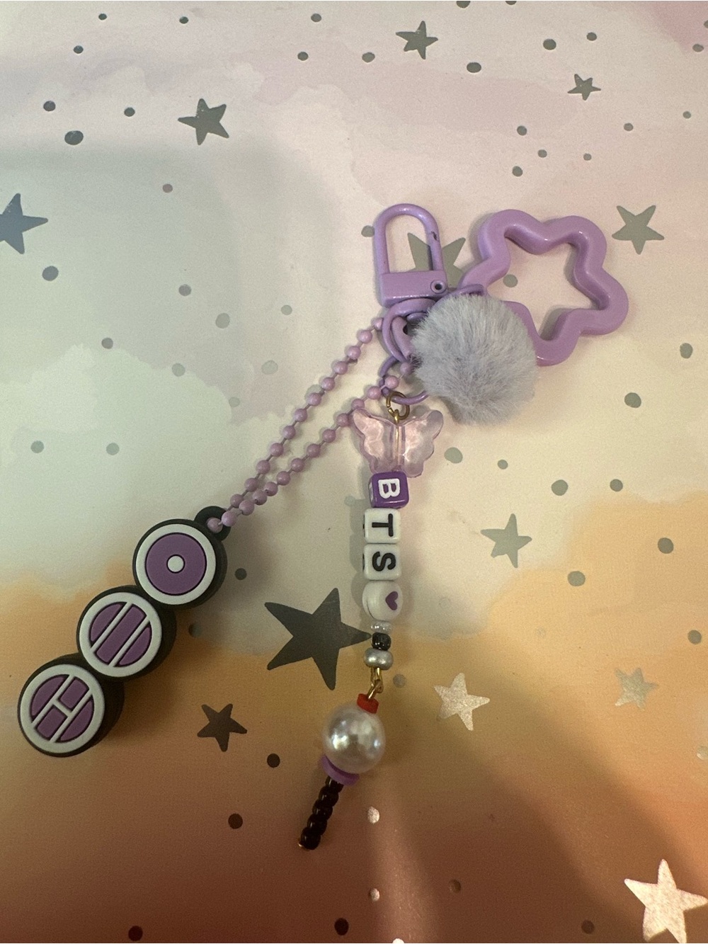 Purple Beaded BTS Charm Keychain with Star Clip